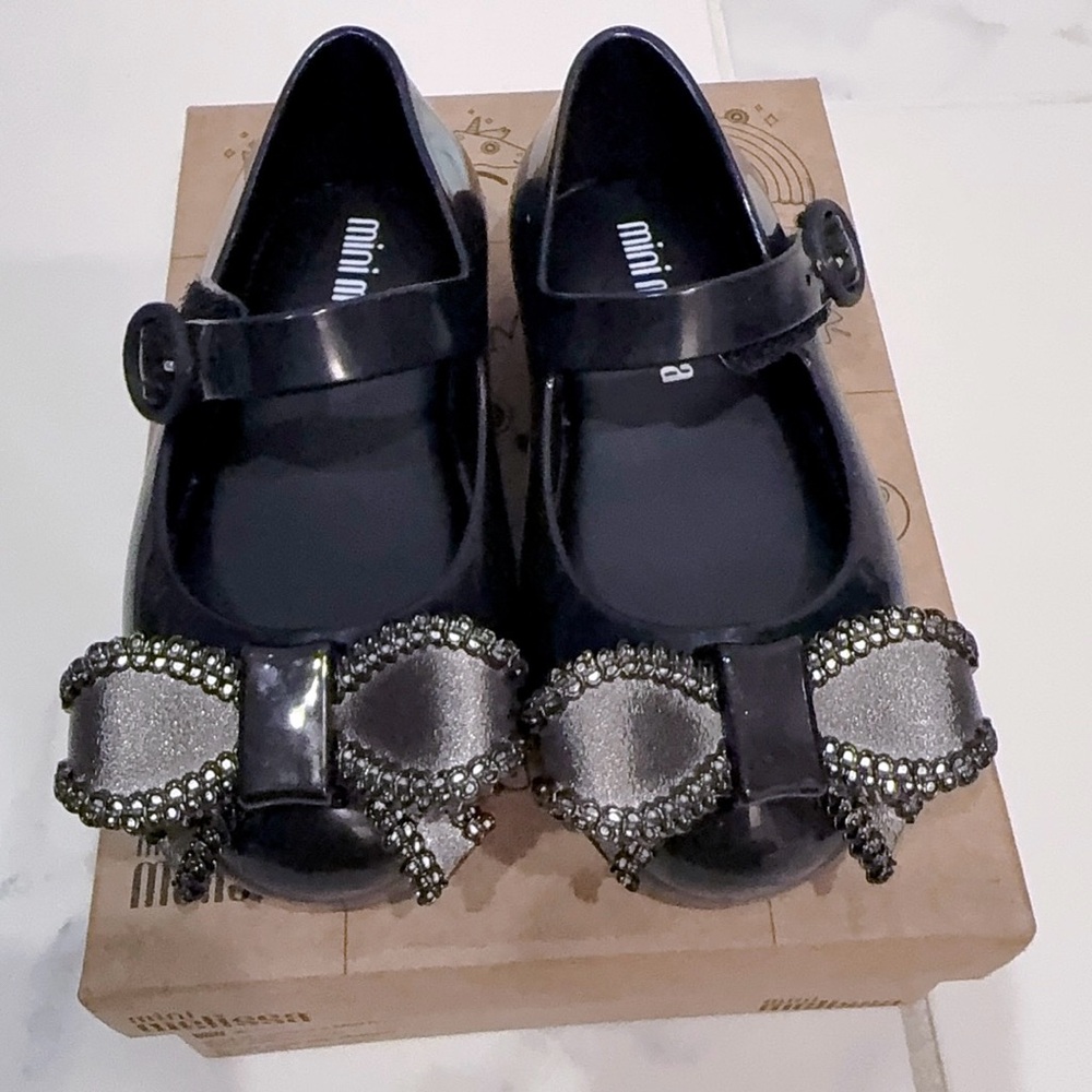 Mini Melissa Black Dress Shoes with Glitter Bow